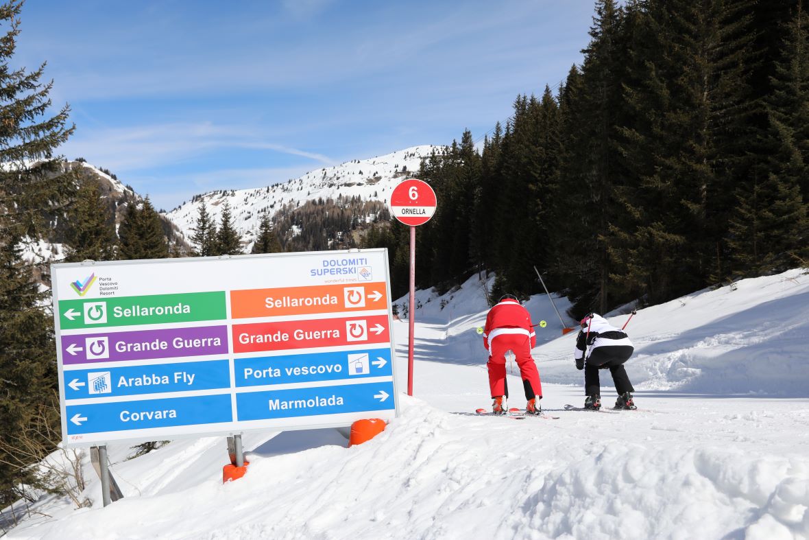Skiers in Arabba passing piste signs to Sella Ronda and Grande Guerra