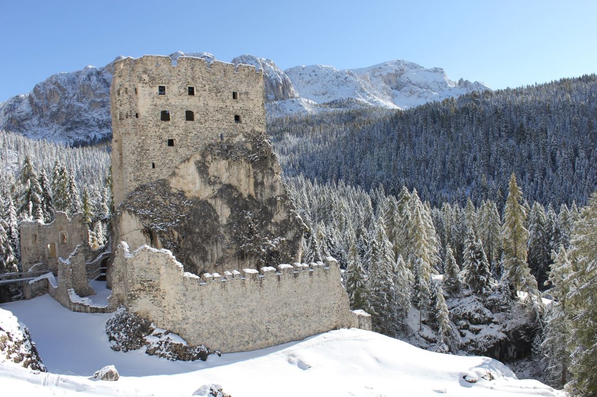 The ruins of Andraz Castel in the Italian Dolomites in winter