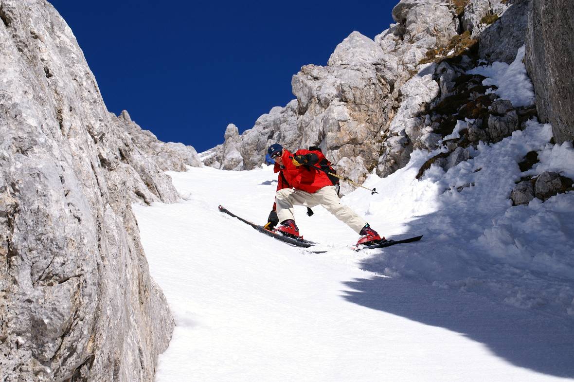 Expert Skier in a Couloir Off-Piste in Cortina d'Ampezzo