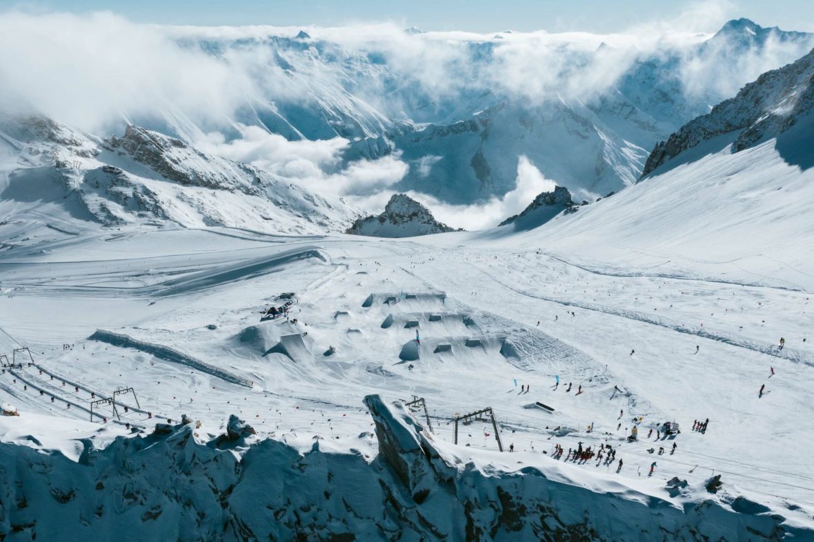 View of the Austrian Alps from the top of the Hintertux glacier in winter