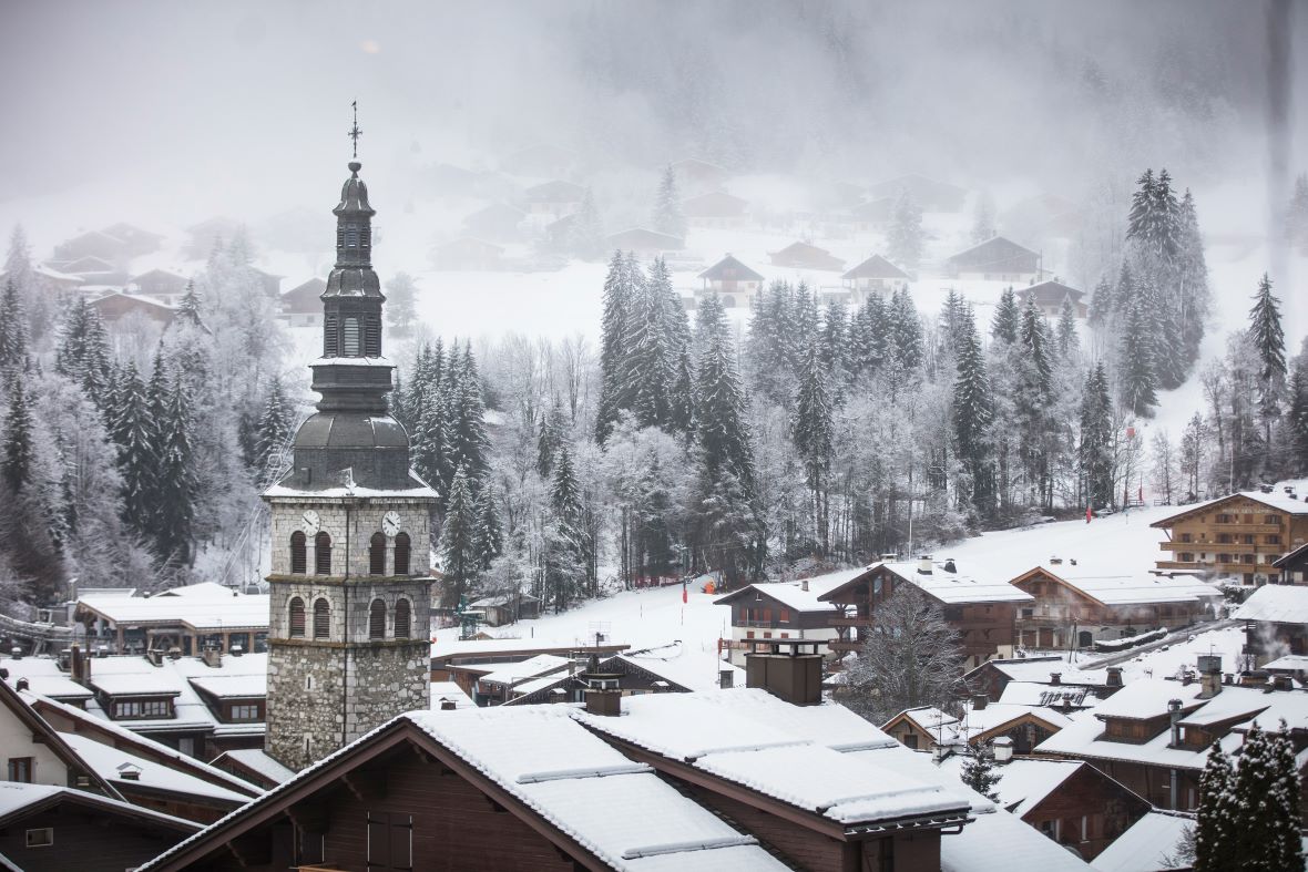 View of la Clusaz ski resort and church tower from Alpen Roc Hotel