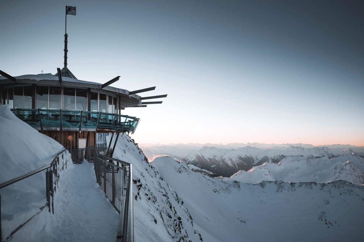 Dawn view of Mountain Star Restaurant at the top of the Gurgle ski area in Austria