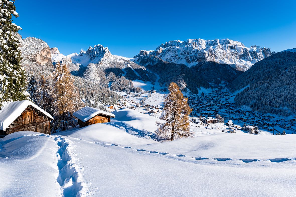 View of Selva in Val Gardena in the winter