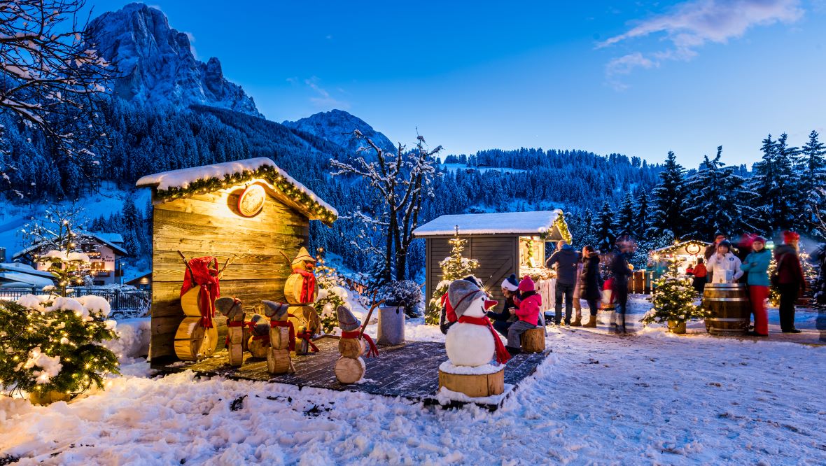 Santa's Grotto in the snow at Christmas in Santa Cristina in the Italian Dolomites