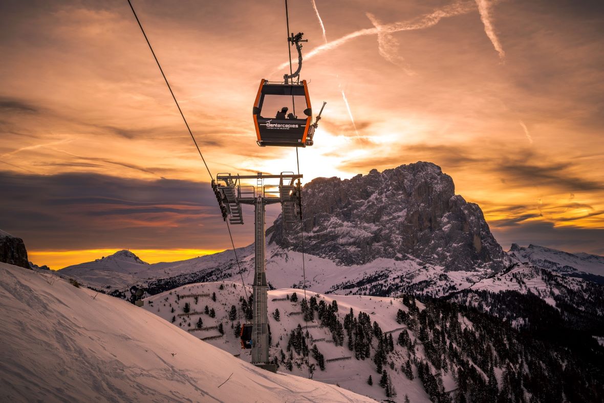 Dantercepies ski lift in Val Gardena at sunset in winter