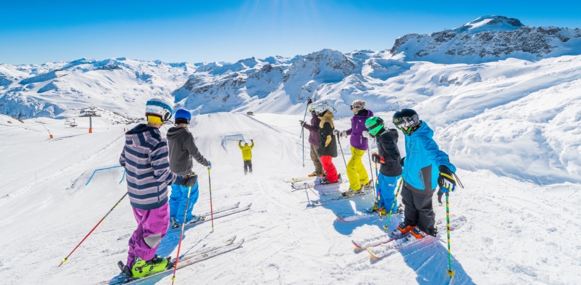 Group of childern learning to ski in Tignes ski resort