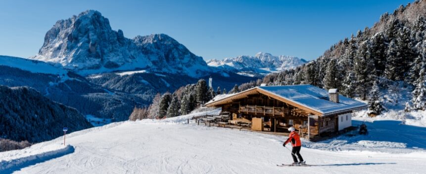 View of the Sella Ronda from Col Raiser ski slope above Santa Cristina in Val Gardena