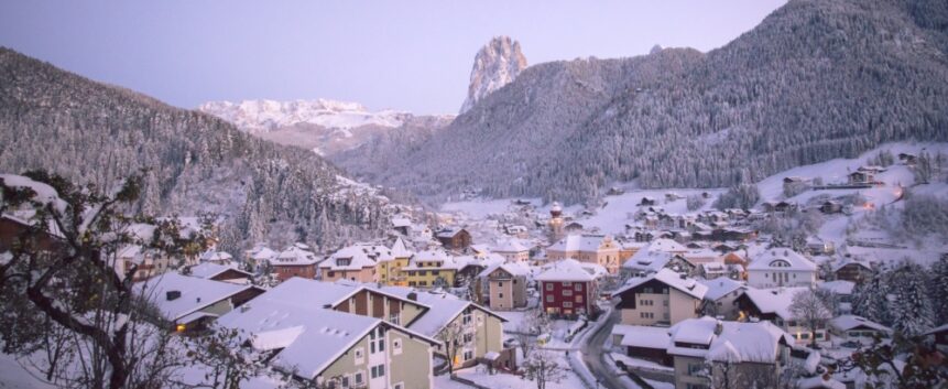 Ortisei Ski Resort and Sassolungo mountain in Val Gardena in the Italian Dolomites