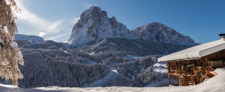 Sassolungo and the ski resorts of Selva and Santa Cristina in Val Gardena in the Italian Dolomites