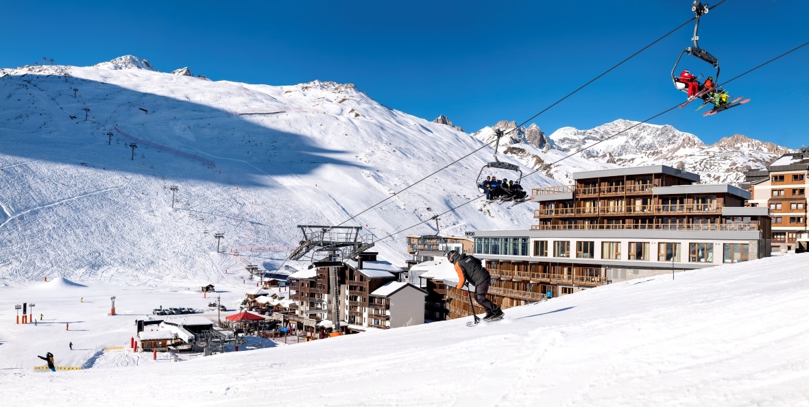 Ynycio Hotel and Residence seen from the Bollin chairlift and piste in Tignes Val Claret