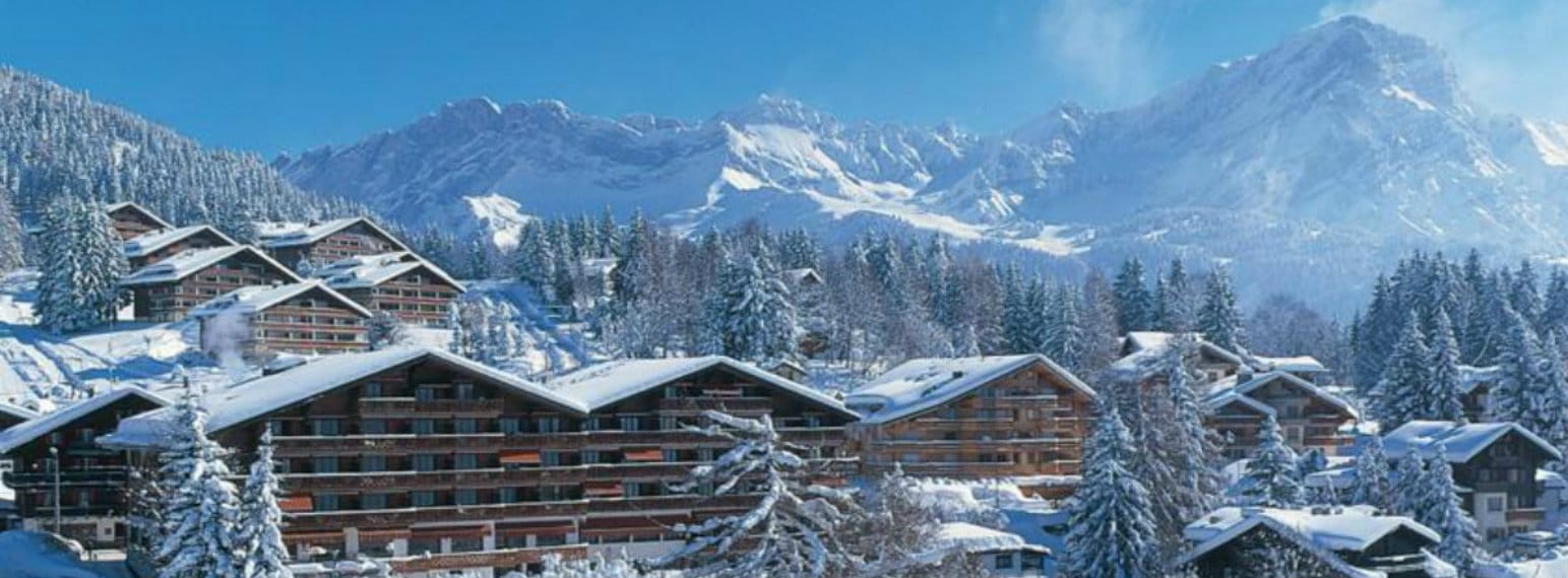 Villars ski resort and Hotel du Golf and Spa winter landscape